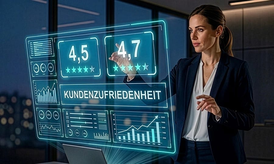 Eine Frau betrachtet ein Dashboard mit Werten zur Kundenzufriedenheit.