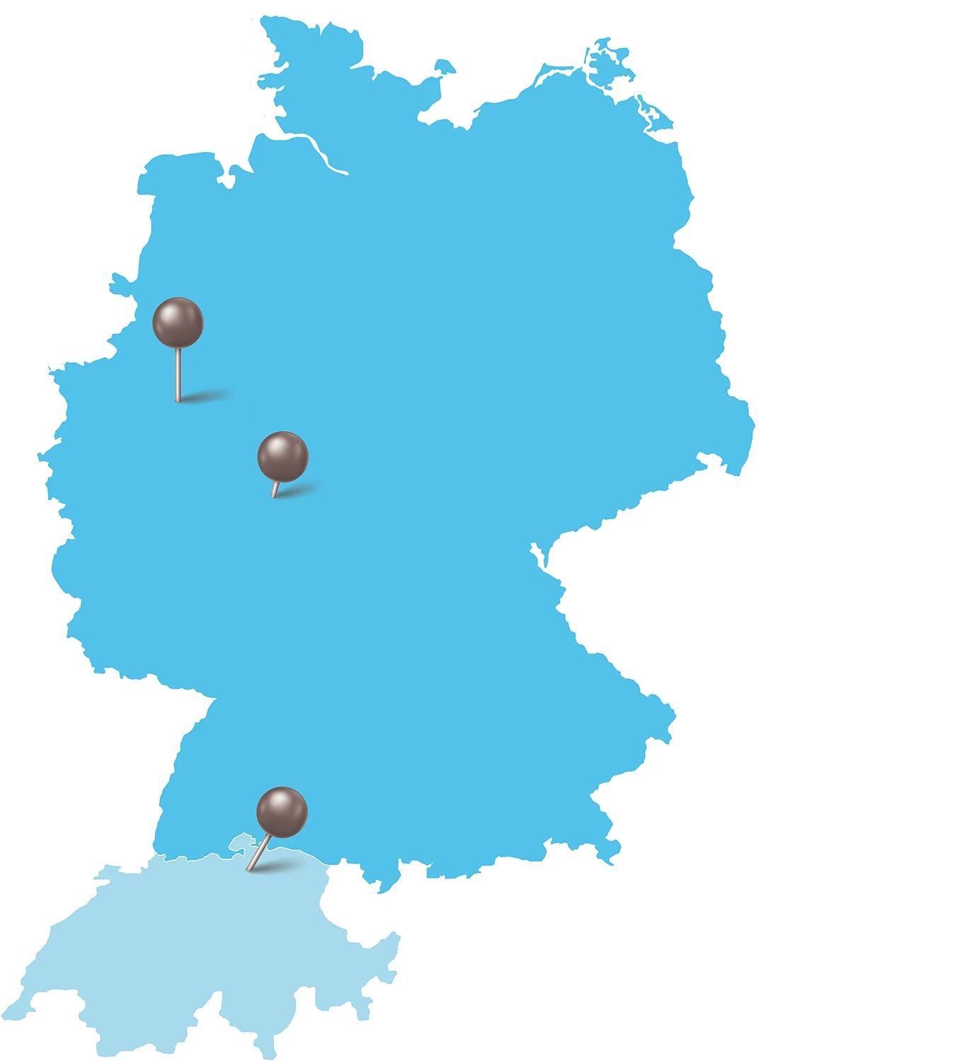 Karte von Deutschland in Blau und der Schweiz in hellblauer Farbe. Zwei Stecknadeln markieren Orte in Deutschland und eine Stecknadel in der Schweiz, eine im Westen, in der Mitte und eine in der Schweiz.