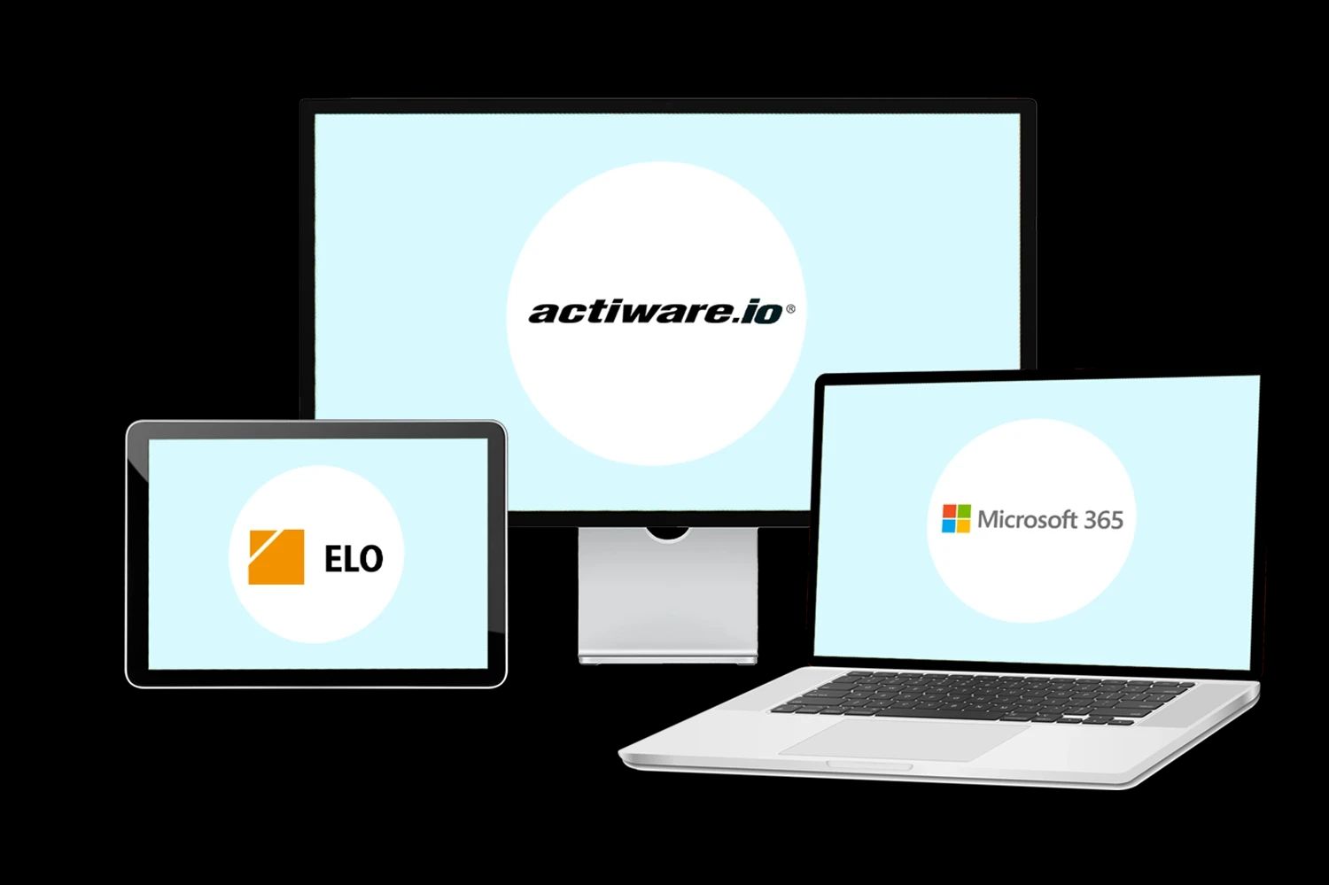 Drei verschiedene Geräte (Monitor, Tablet und Laptop) sind nebeneinander dargestellt und symbolisieren verschiedene IT-Systeme. Jeder Bildschirm zeigt je ein Logo: actiware.io®, ELO und Microsoft 365.